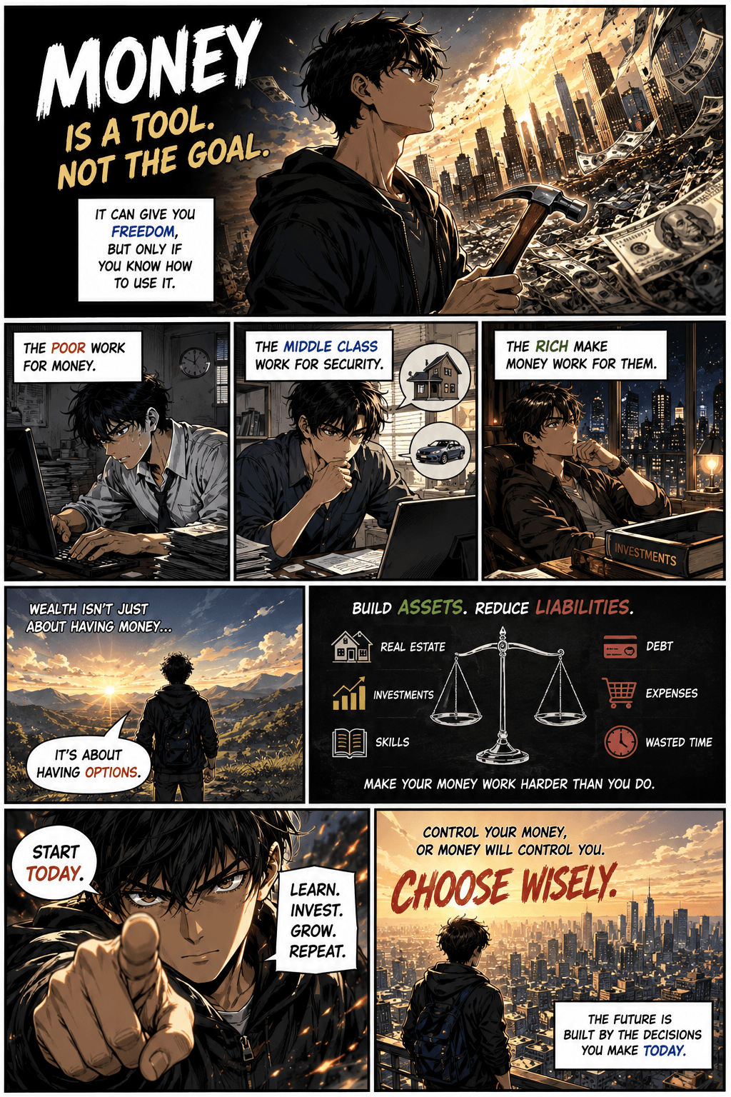 Comic panel artwork about money
