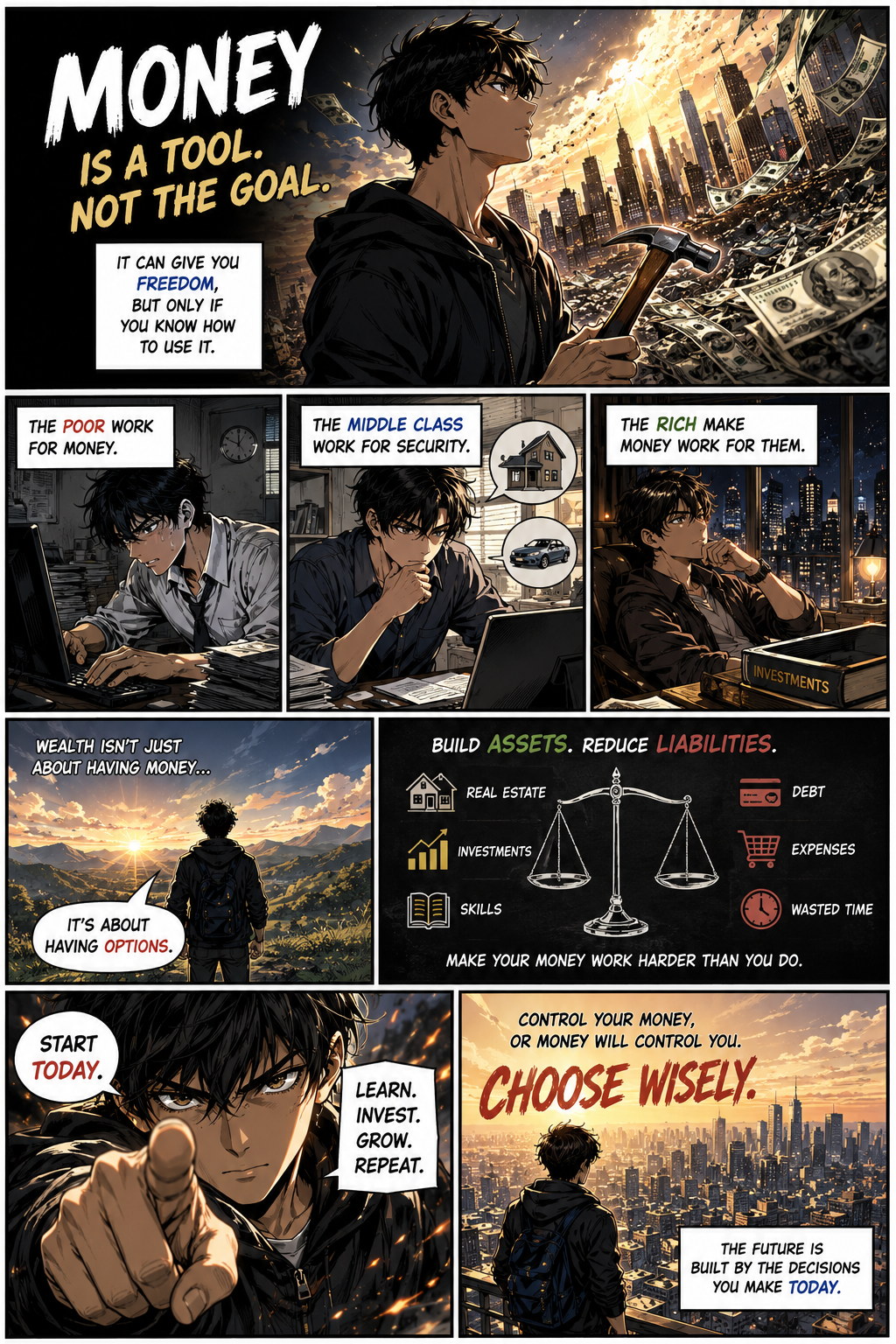 Comic panel artwork about money